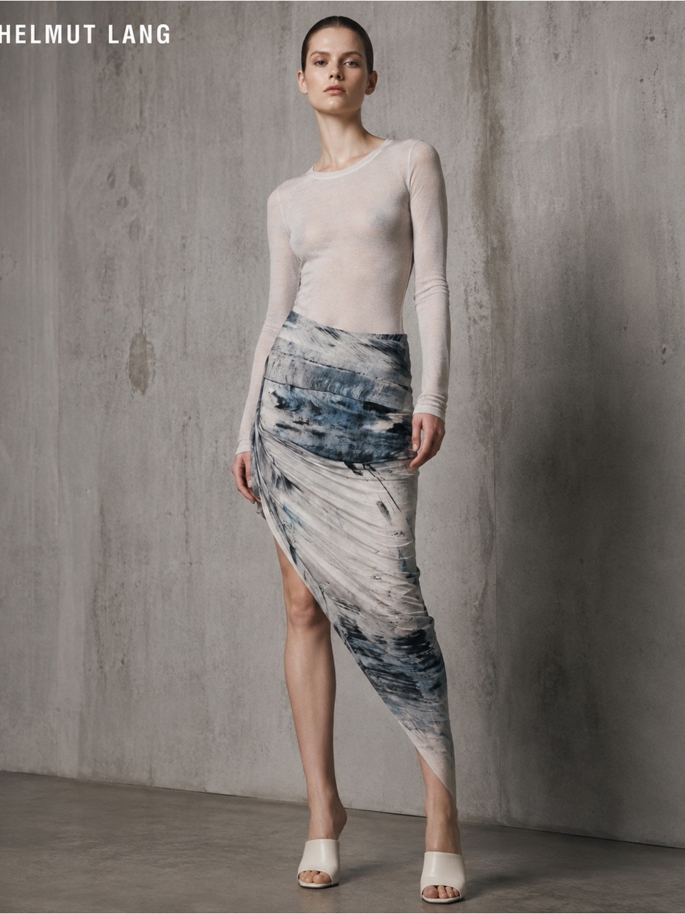 Helmut Lang Archival Abstract Print Draped Asymmetrical Maxi Skirt S